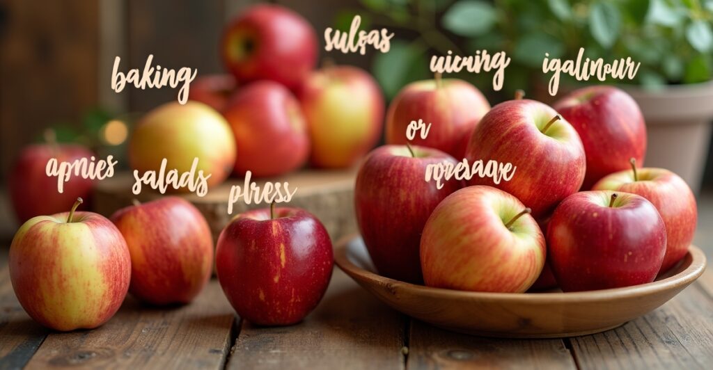 Variety of fresh apples displayed showing different colors and sizes ideal for baking