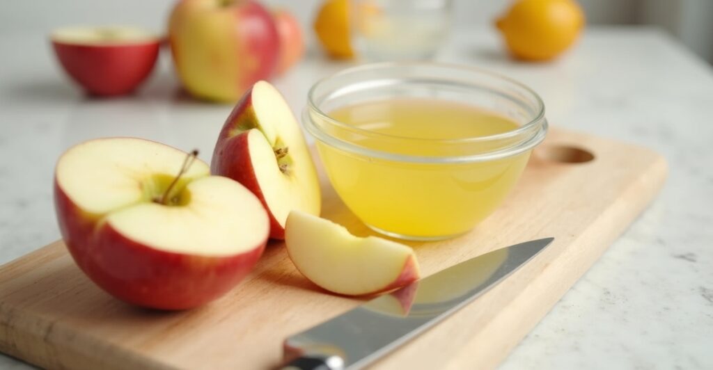 Step-by-step images showing proper apple preparation including uniform slicing and lemon juice application to prevent browning