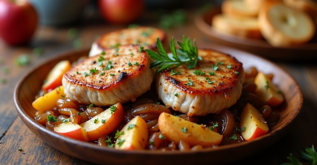 Savory one-pan pork chops with caramelized apples and onions recipe.