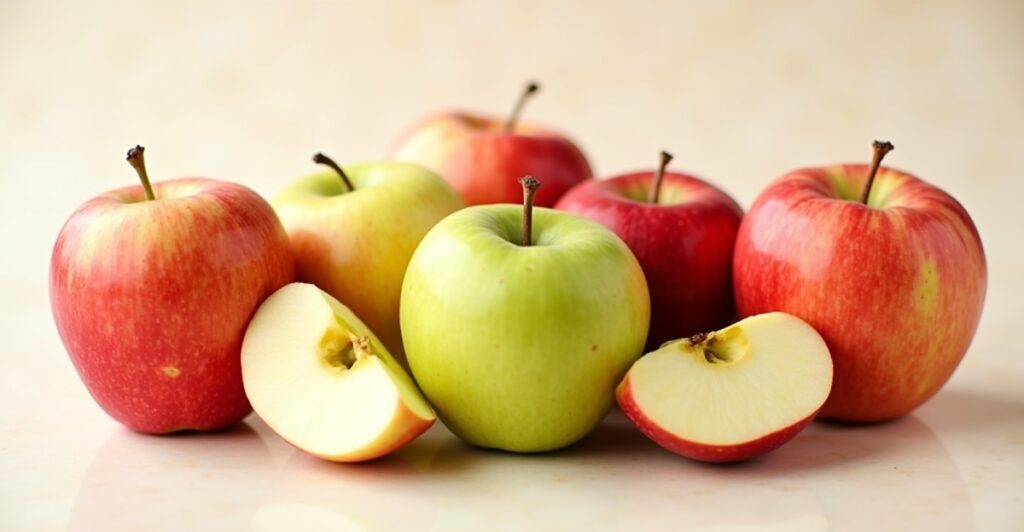 Assortment of apples best for savory cooking: Honeycrisp, Granny Smith, Fuji, Gala.