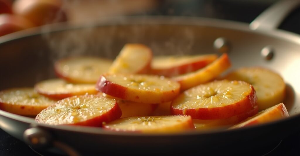 Sautéing apple slices in a hot pan for savory dishes.
