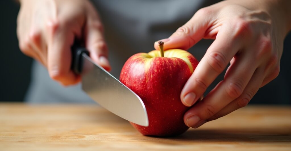 Hands demonstrating proper apple preparation technique with peeled and sliced apples