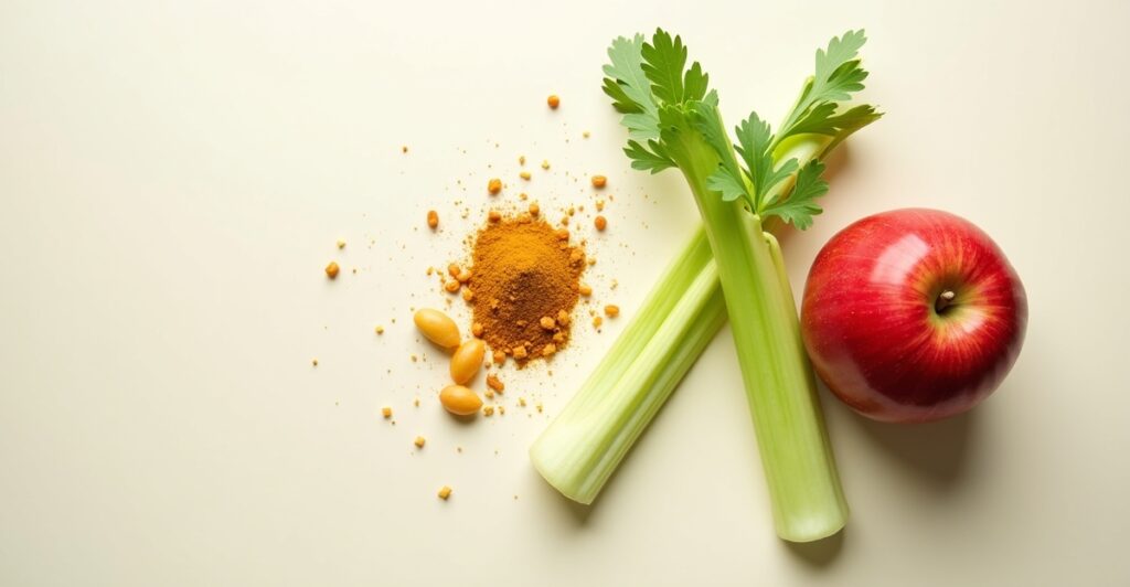 Fresh ingredients for curried chicken salad including red apple, golden raisins, celery stalks, and aromatic curry powder arranged on white background
