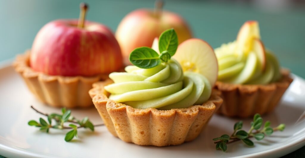 Modern apple dessert showcasing creative flavor pairing with herbs and unique ingredients