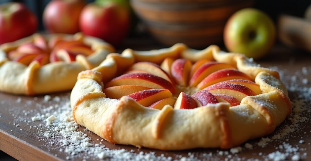 Step-by-step assembly of an apple galette: arranging apples, folding the crust