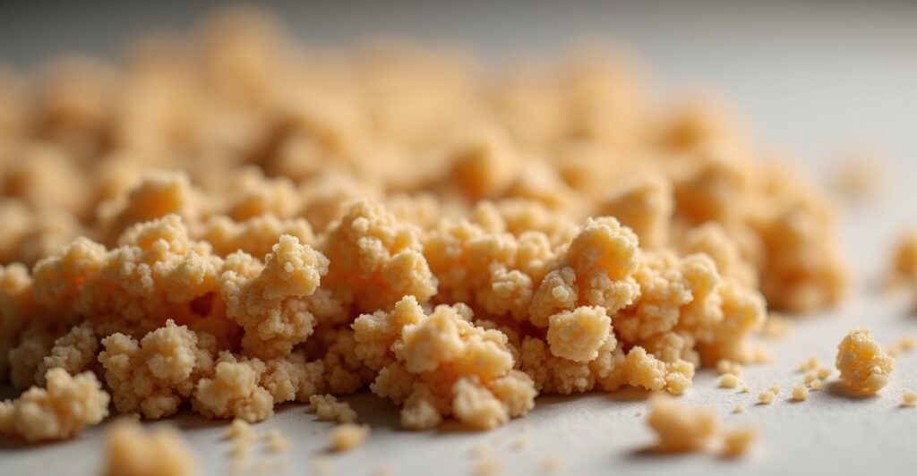 Close-up of crunchy oat crisp topping showing golden butter clusters and oat texture