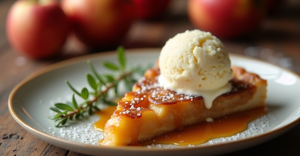 Slice of Salted Caramel Apple Tart with a Hint of Thyme served with vanilla ice cream