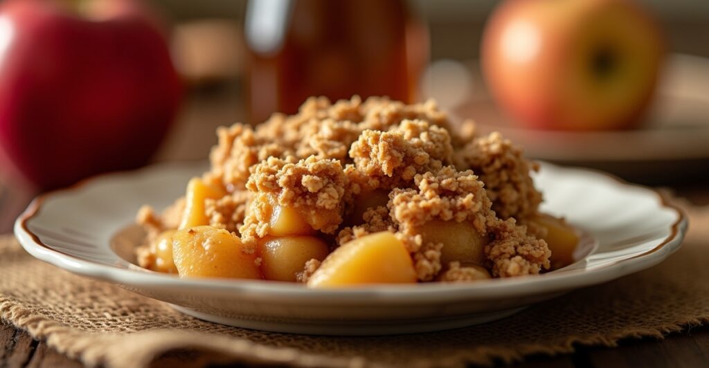 Golden apple crisp with a crunchy oat topping