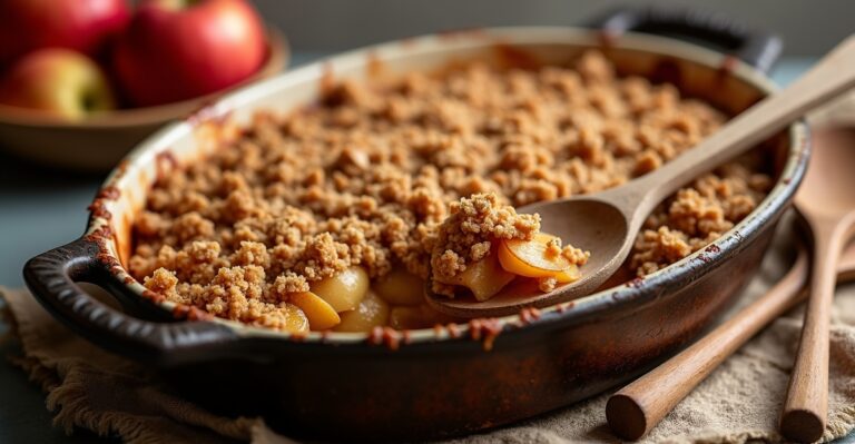 Perfect apple crisp with golden crunchy oat topping in ceramic baking dish