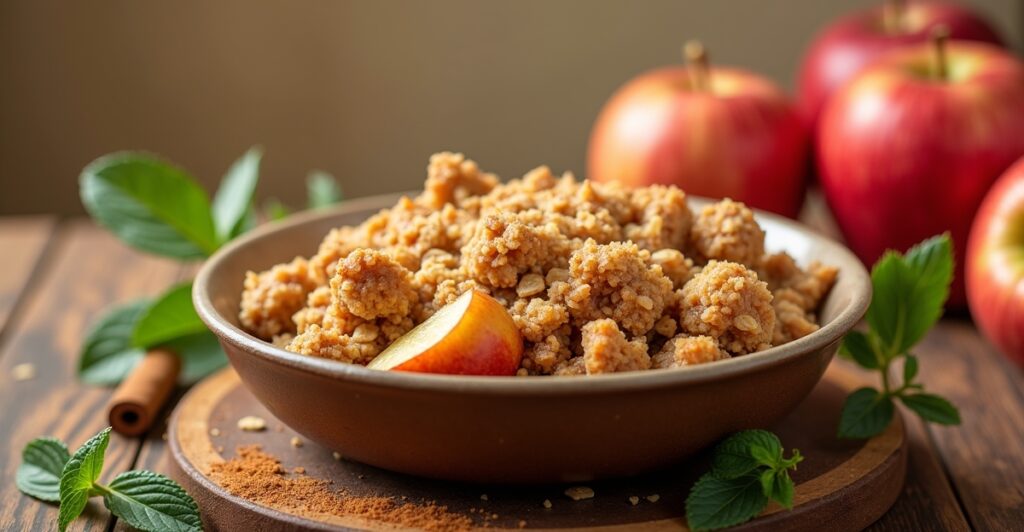 Golden brown apple crisp showing perfectly baked apple pieces that maintain their shape, topped with crunchy oat streusel