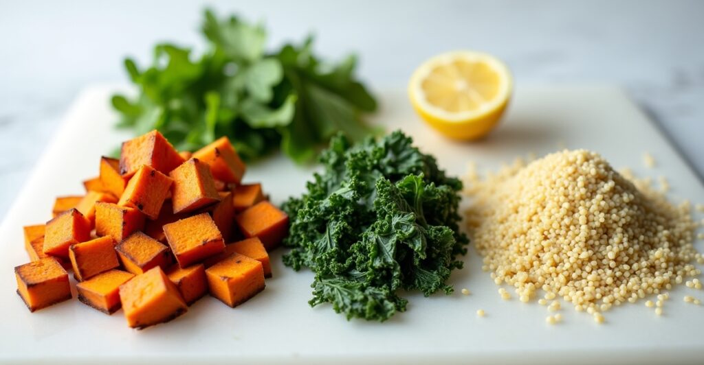 Prepared ingredients for Quinoa Salad: roasted sweet potatoes, massaged kale, cooked quinoa, and diced apples.