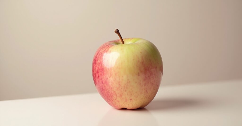A single, perfectly presented Pink Lady apple showing its characteristic bright pink blush over green-yellow background