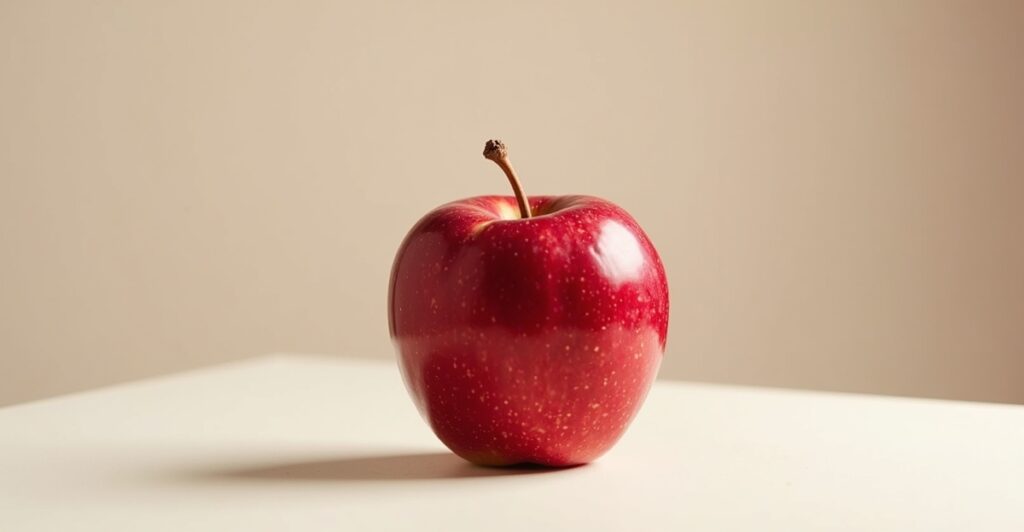 A single, perfectly presented Fuji apple displaying its characteristic pink-red blush over yellow background