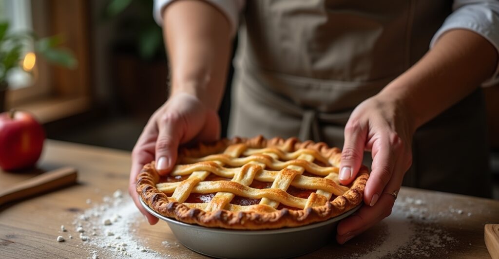Baker carefully adding lattice strips to an apple pie