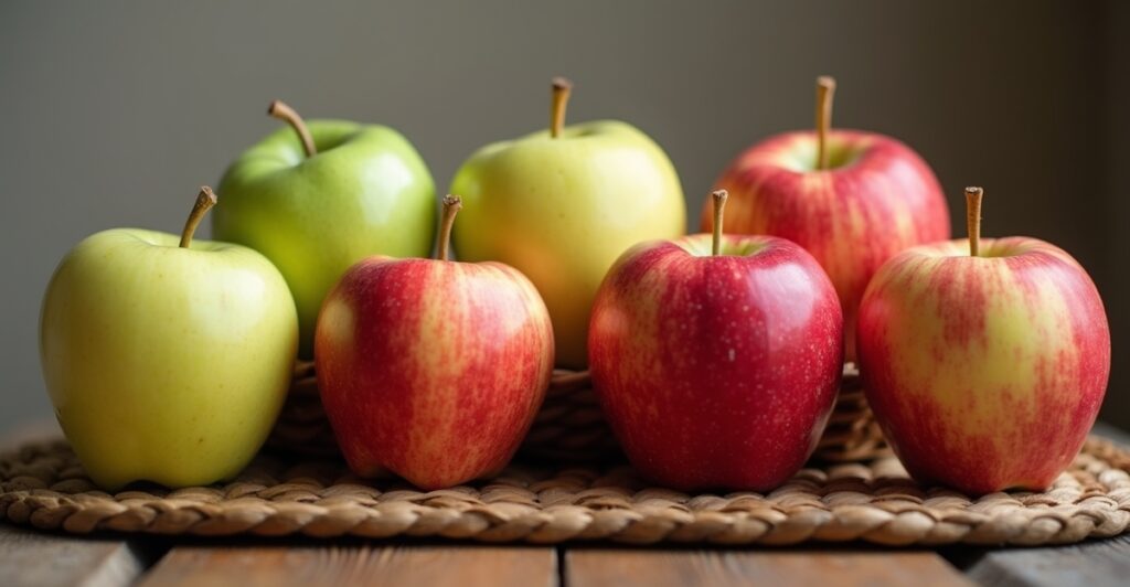 Fresh Honeycrisp, Gala, and Granny Smith apples arranged on a wooden cutting board