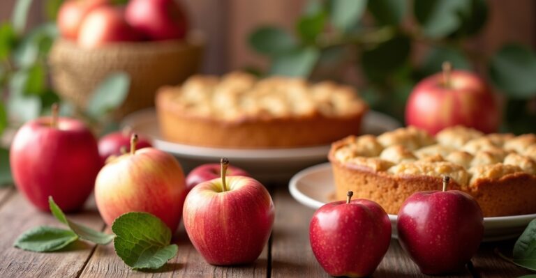 Collage showing fresh Granny Smith, Honeycrisp, and other baking apples alongside a golden apple pie with visible, intact apple slices