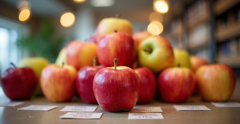 A beautiful array of different apple varieties arranged in order of baking quality, from Honeycrisp to Red Delicious, showing their relative sizes and colors