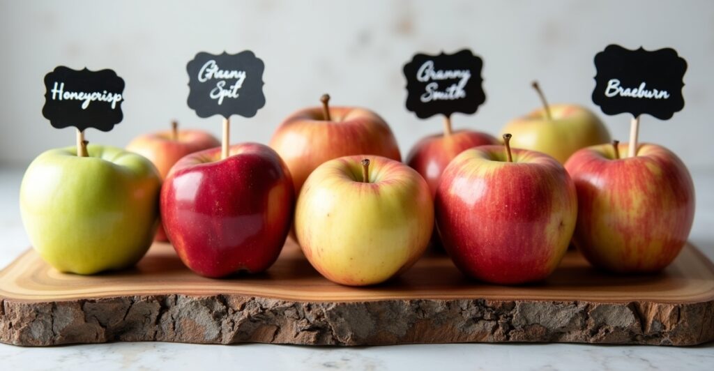 Various apple varieties ideal for baking apple crisp arranged on wooden cutting board