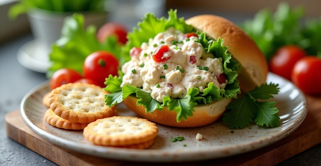 Curried chicken salad with apples being served on artisan bread as an elegant sandwich with lettuce garnish