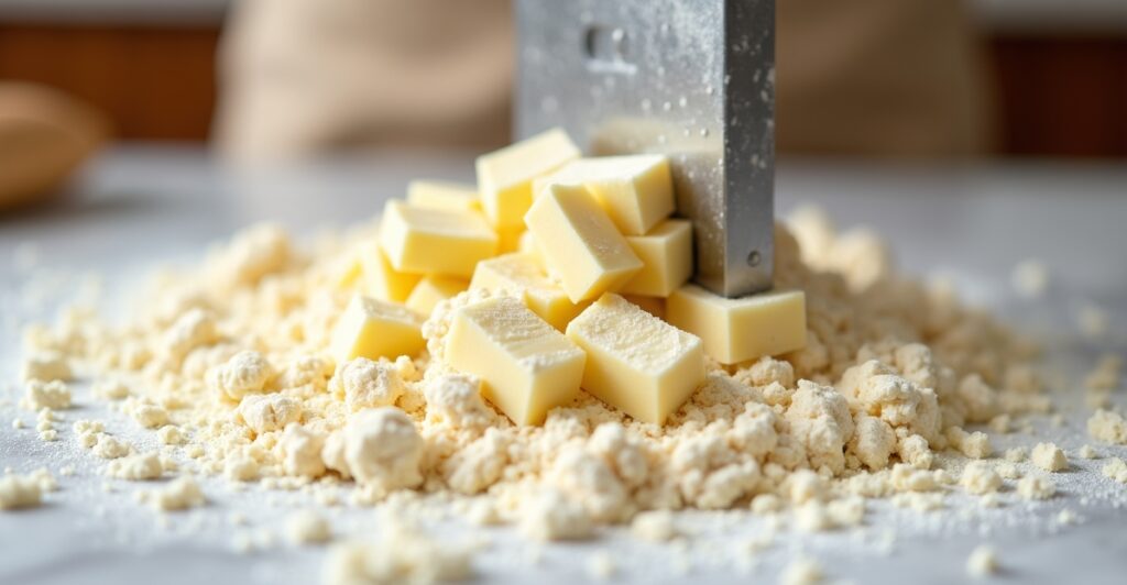 Cold butter and flour being cut together for a flaky pie crust