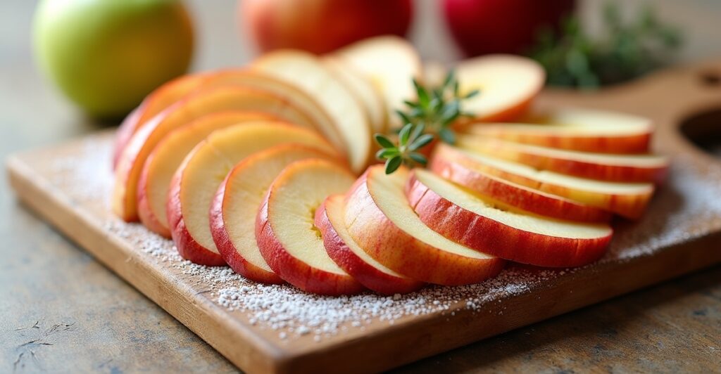 Precisely sliced apples for a gourmet tart
