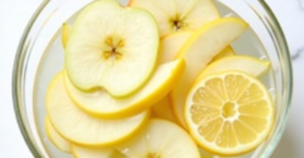 Cut apple slices soaking in lemon water to prevent browning