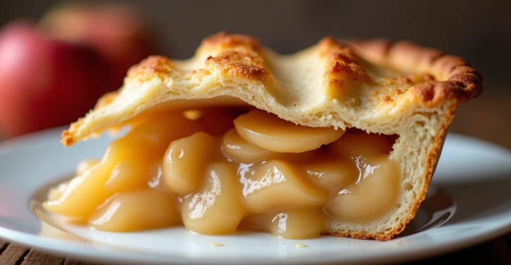 A perfect slice of apple pie showing tender baked apple filling and flaky crust
