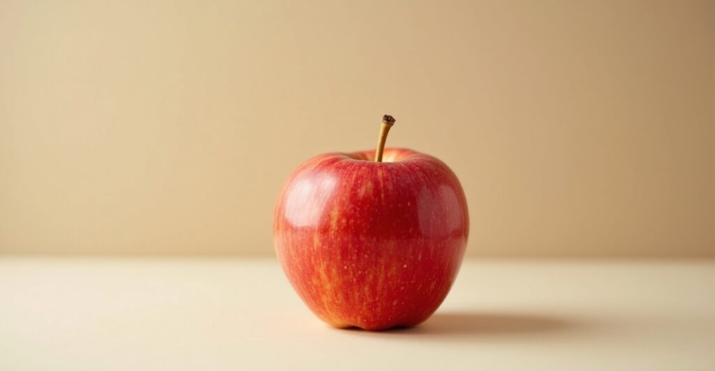 A single, perfectly presented Gala apple showing its characteristic orange-red striping over yellow background
