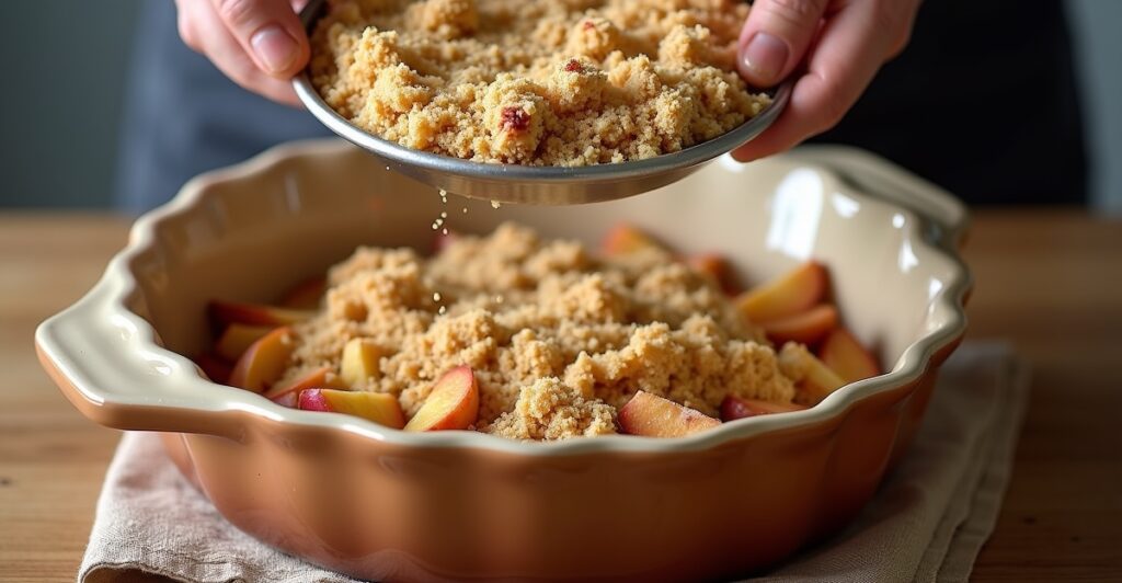 Apple crisp assembly process showing spiced apple filling in baking dish topped with oat crumble mixture